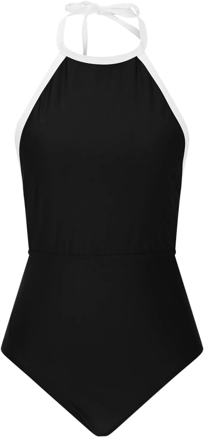 Womens One Piece Swimsuits 2025 Summer Trendy Backless High Neck Tummy Control Color Block Halter Tie Bathing Suits