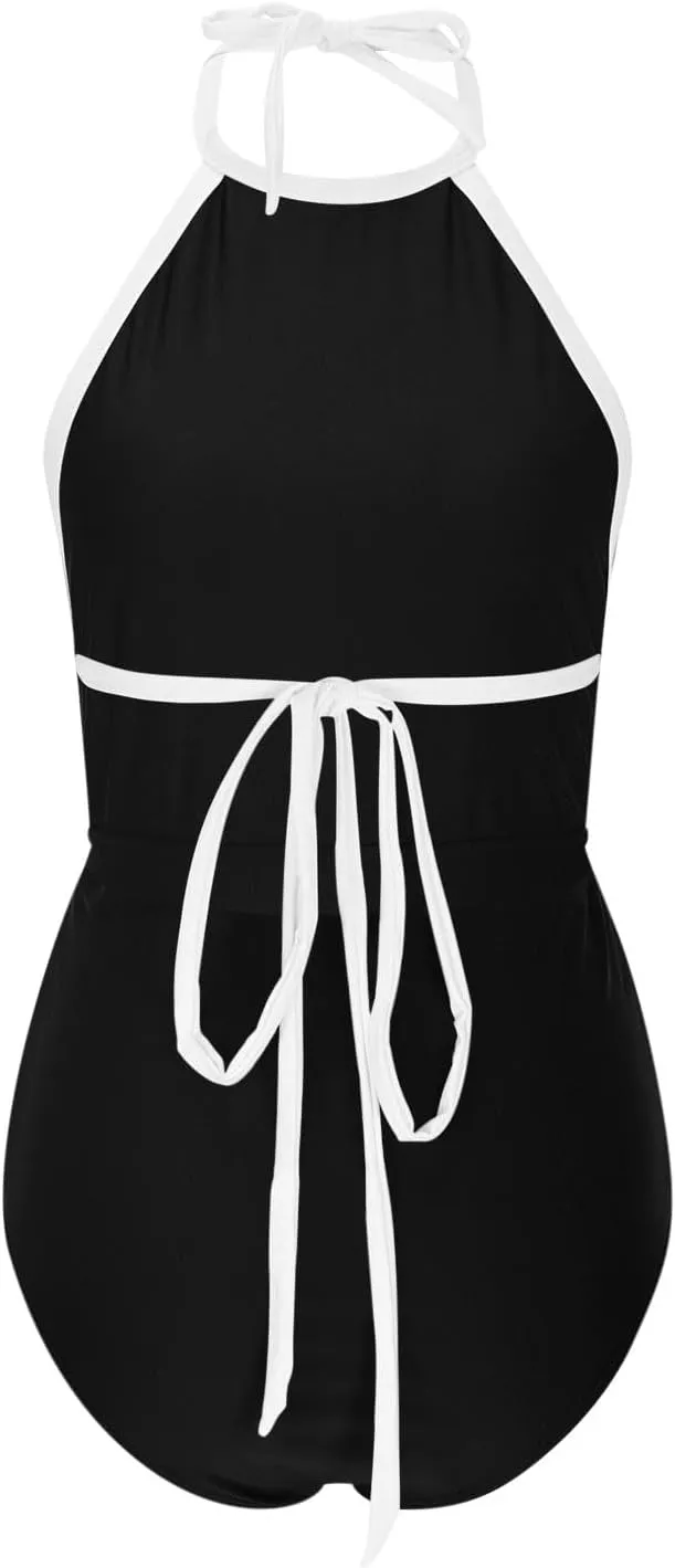 Womens One Piece Swimsuits 2025 Summer Trendy Backless High Neck Tummy Control Color Block Halter Tie Bathing Suits