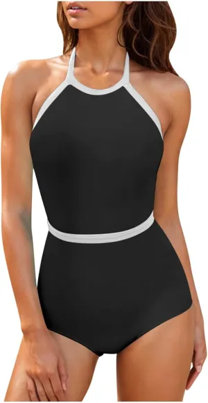 Womens One Piece Swimsuits 2025 Summer Trendy Backless High Neck Tummy Control Color Block Halter Tie Bathing Suits