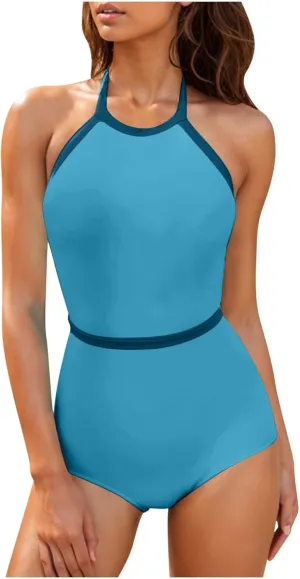 Womens One Piece Swimsuits Tummy Control Bathing Suits Halter Neck Swimming Suits Backless Monokini Sexy Swimwear