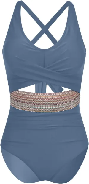 Women's One Piece Swimsuits Tummy Control High Cut Monokini Criss Cross V Neck Bathing Suit Cutout Modest Swimwear