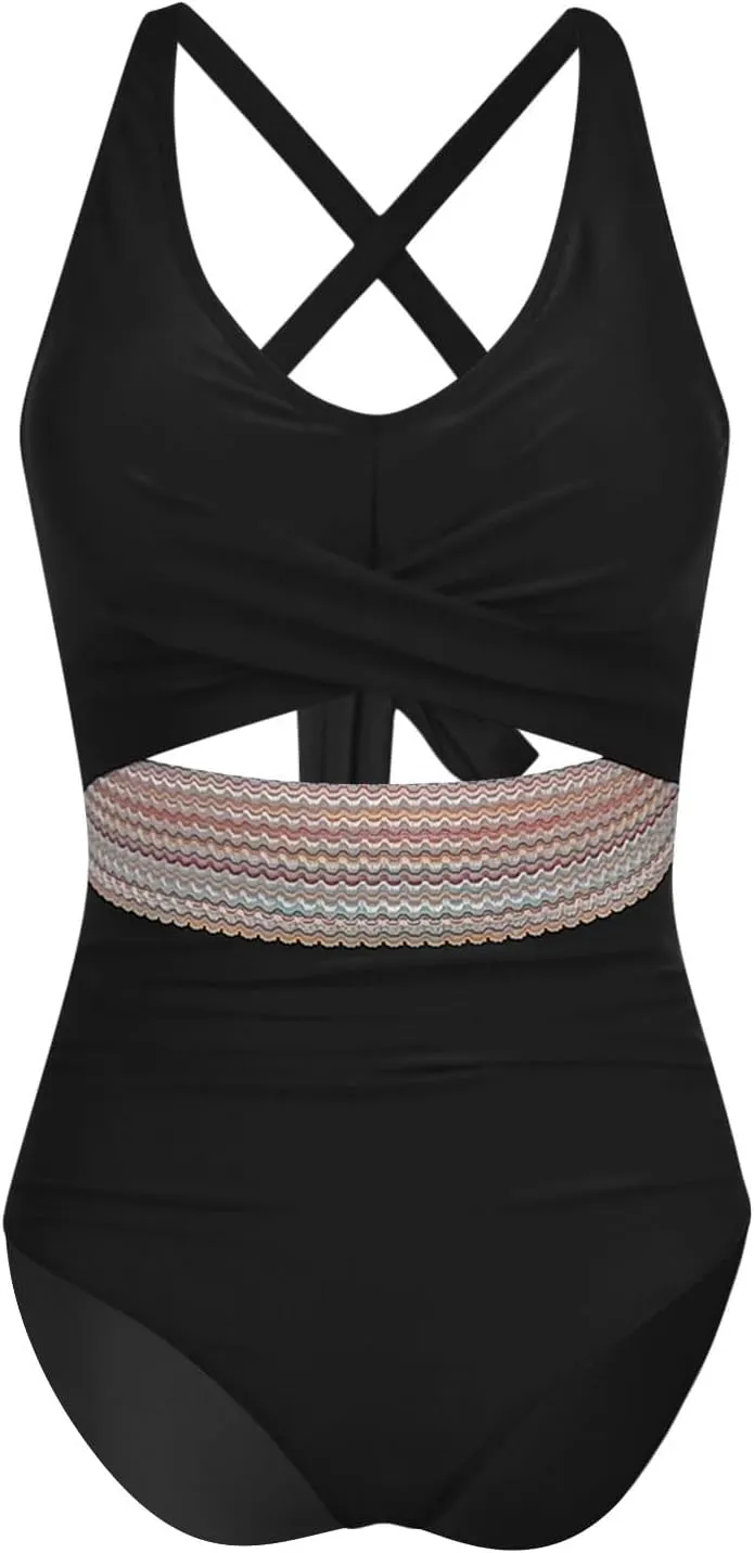 Women's One Piece Swimsuits Tummy Control High Cut Monokini Criss Cross V Neck Bathing Suit Cutout Modest Swimwear