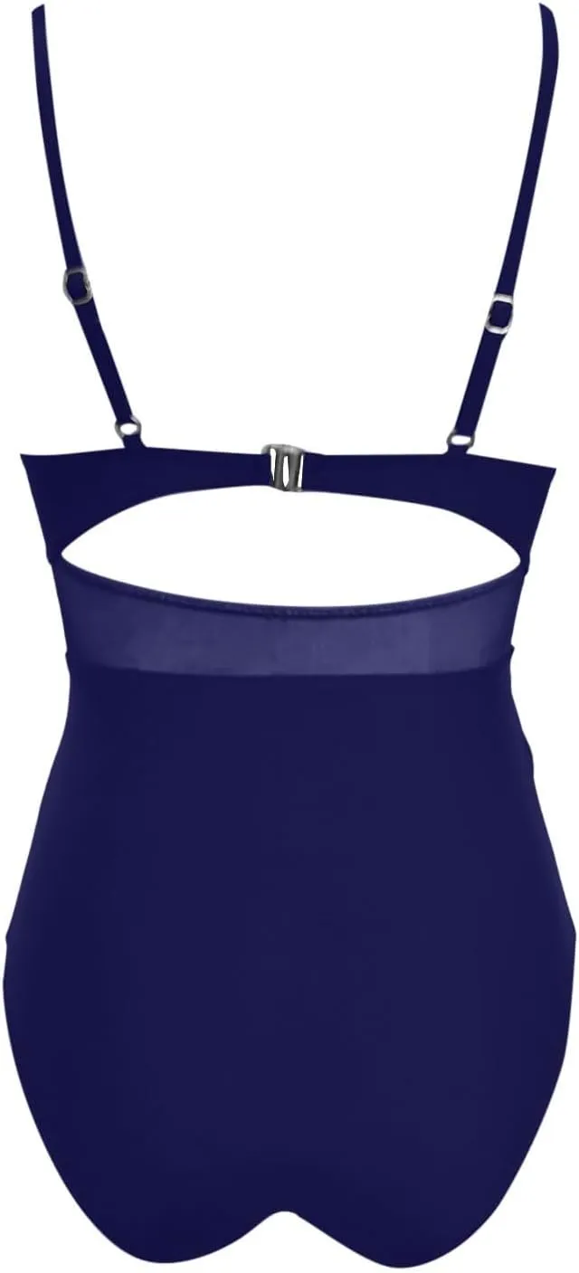 Womens One Piece Swimsuits Tummy Control Mesh Patchwork Spaghetti Straps Bathing Suit Trendy V Neck Padded Swimwear