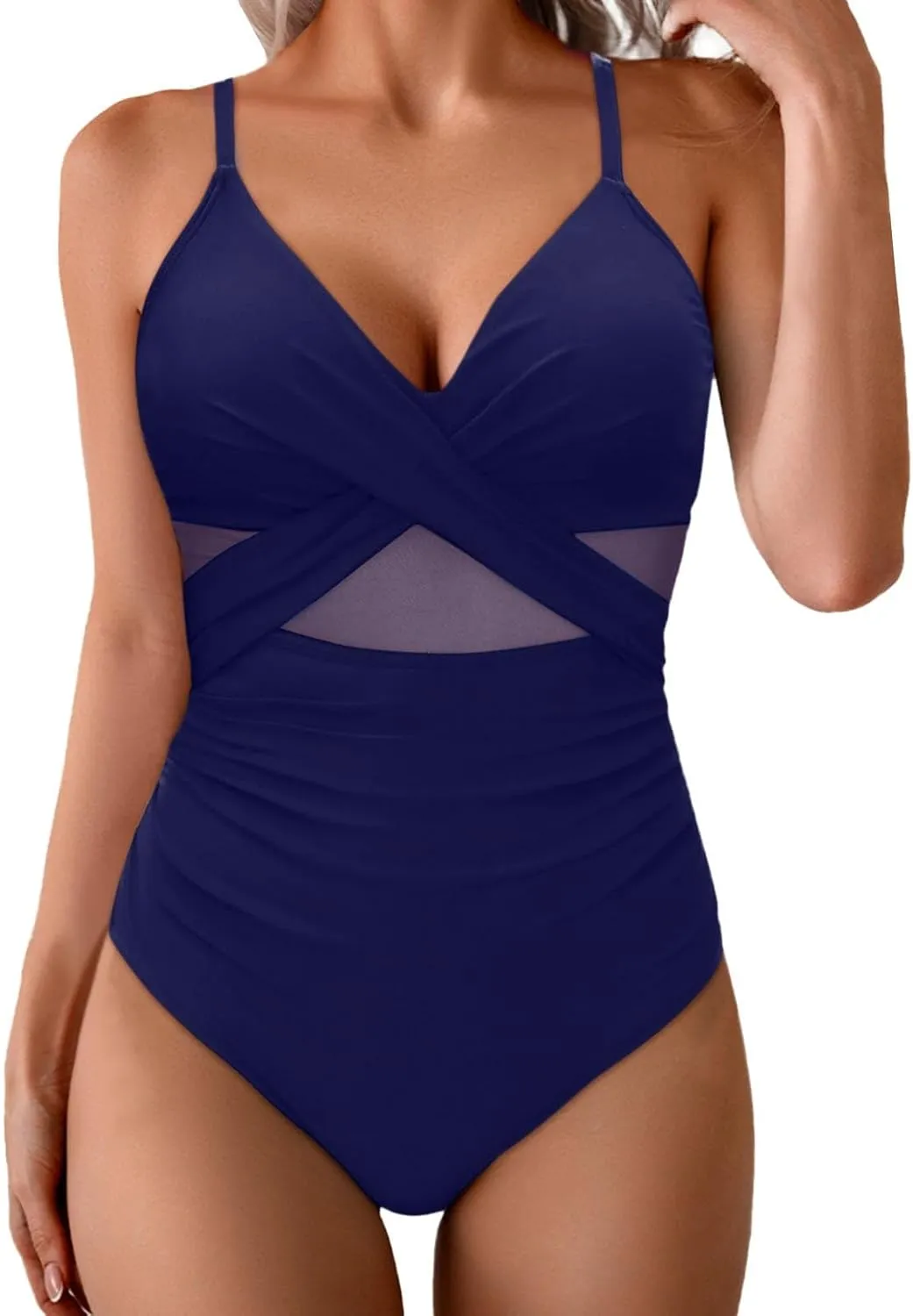 Womens One Piece Swimsuits Tummy Control Mesh Patchwork Spaghetti Straps Bathing Suit Trendy V Neck Padded Swimwear