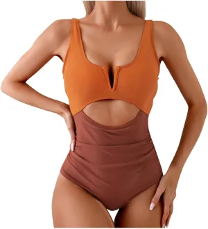 Womens One Piece Swimsuits Tummy Control Notch V Neck Bathing Suit Colorblock Patchwork Cutout Backless Swimwear 2025
