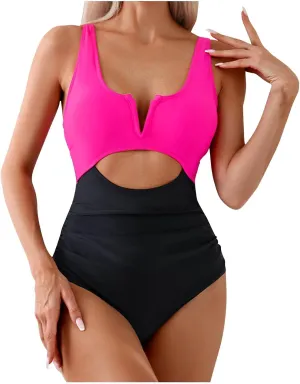 Womens One Piece Swimsuits Tummy Control Notch V Neck Bathing Suit Colorblock Patchwork Cutout Backless Swimwear 2025