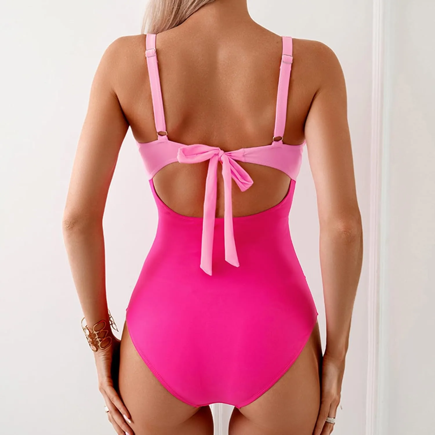 Womens One Piece Swimsuits Tummy Control Notch V Neck Bathing Suit Colorblock Patchwork Cutout Backless Swimwear 2025