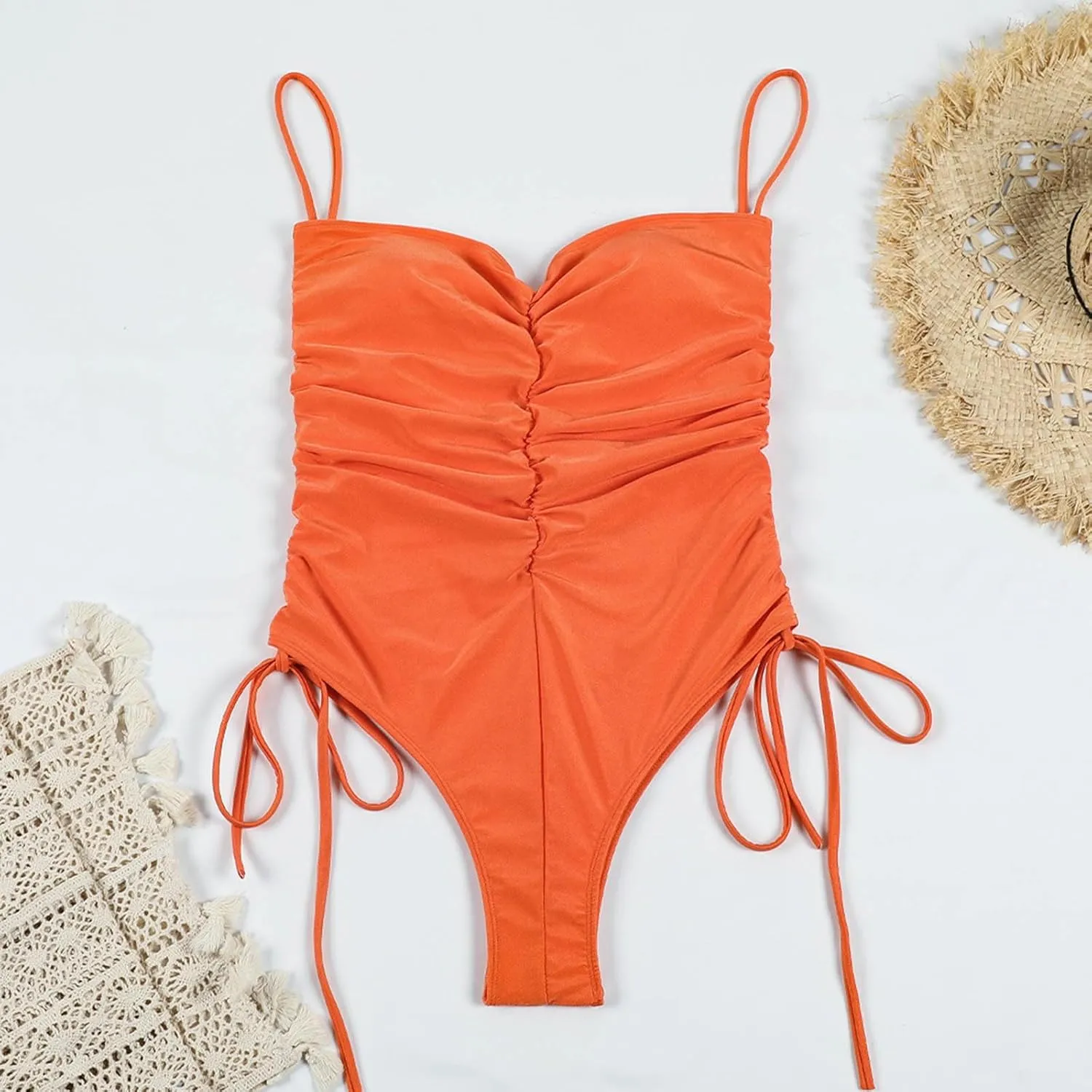 Women's One Piece Swimsuits Tummy Control Tie Knot Ruched Monokini Cheeky High Cut Spaghetti Strap Bathing Suits 2025