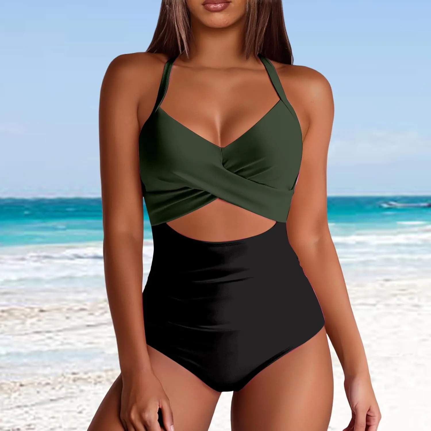 Womens One Piece Swimsuits Waisted Cross Tummy Control Cutout High Waisted Bathing Suit Straps Pad Swimwear