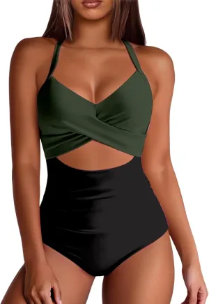 Womens One Piece Swimsuits Waisted Cross Tummy Control Cutout High Waisted Bathing Suit Straps Pad Swimwear