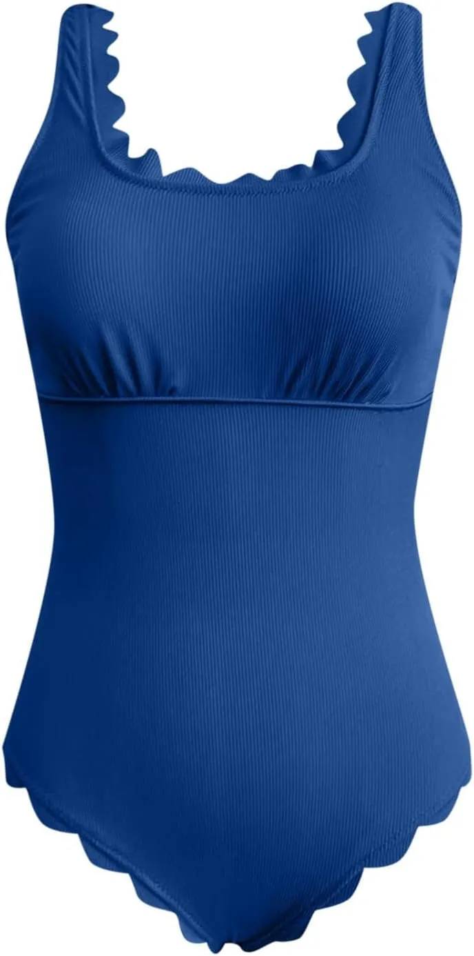 Womens One Piece Tummy Control Swimsuit Scalloped Ribbed Square Neck Full Coverage Retro Modest Monokini Bathing Suit