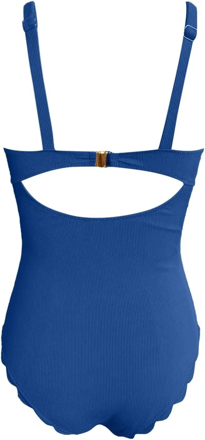 Womens One Piece Tummy Control Swimsuit Scalloped Ribbed Square Neck Full Coverage Retro Modest Monokini Bathing Suit