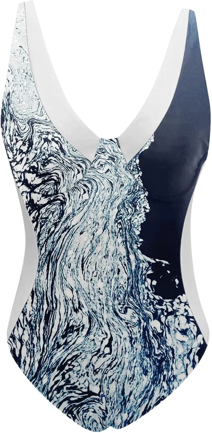 Womens Padded Swimsuits One Piece Slimming Tummy Control Bathing Suit V Neck Color Block Athletic Modest Swimwear