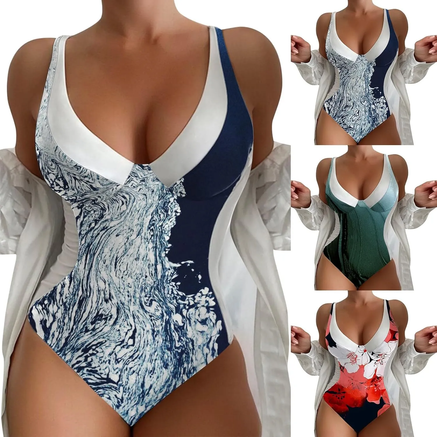 Womens Padded Swimsuits One Piece Slimming Tummy Control Bathing Suit V Neck Color Block Athletic Modest Swimwear
