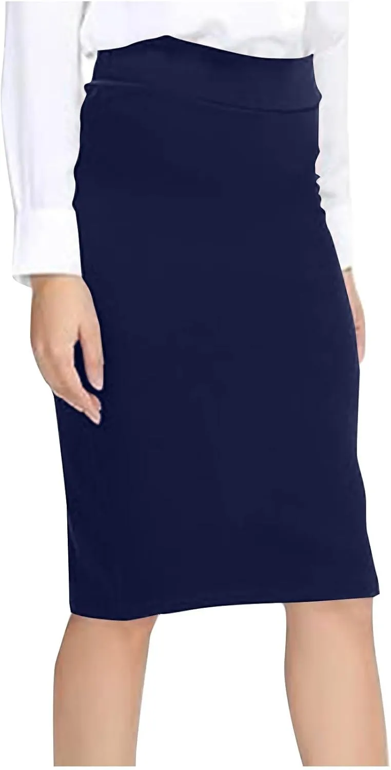 Women's Pencil Suit Skirt Back Slit Zipper High Waist Plain Skirts Elegant Bodycon Midi Work Jersey Skirts Calf Length