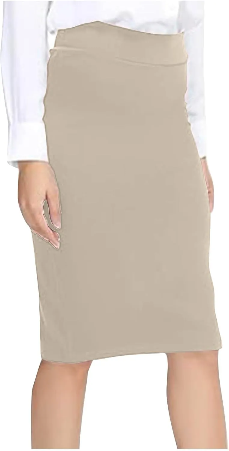 Women's Pencil Suit Skirt Back Slit Zipper High Waist Plain Skirts Elegant Bodycon Midi Work Jersey Skirts Calf Length
