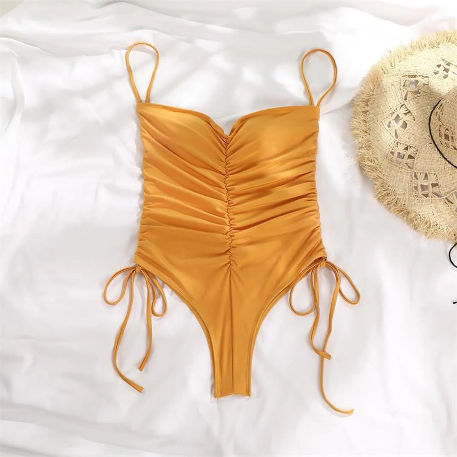 Women's Ruched One Piece Swimsuit High Cut Tummy Control Bathing Suit Side Drawstring Swimwear Backless Beachwear
