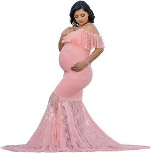 Womens Ruffle Lace Off Shoulder Maternity Dress for Photography Baby Shower Flounce Floral Mermaid Gown for Photo Shoot