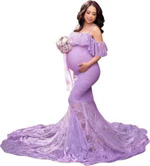 Womens Ruffle Lace Off Shoulder Maternity Dress for Photography Baby Shower Flounce Floral Mermaid Gown for Photo Shoot