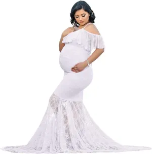 Womens Ruffle Lace Off Shoulder Maternity Dress for Photography Baby Shower Flounce Floral Mermaid Gown for Photo Shoot