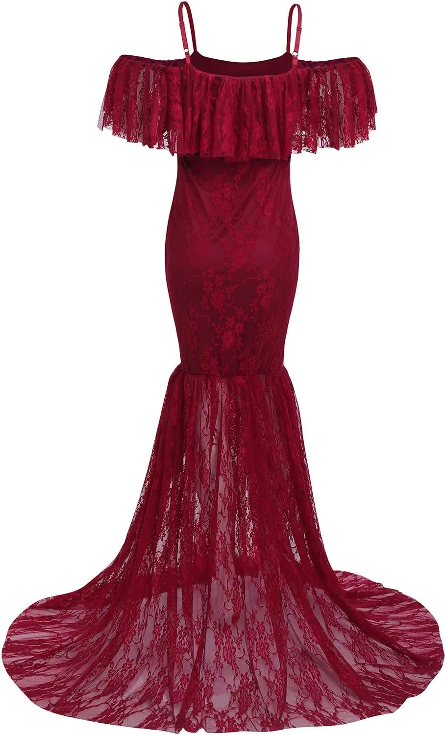 Womens Ruffle Lace Off Shoulder Maternity Dress for Photography Baby Shower Flounce Floral Mermaid Gown for Photo Shoot
