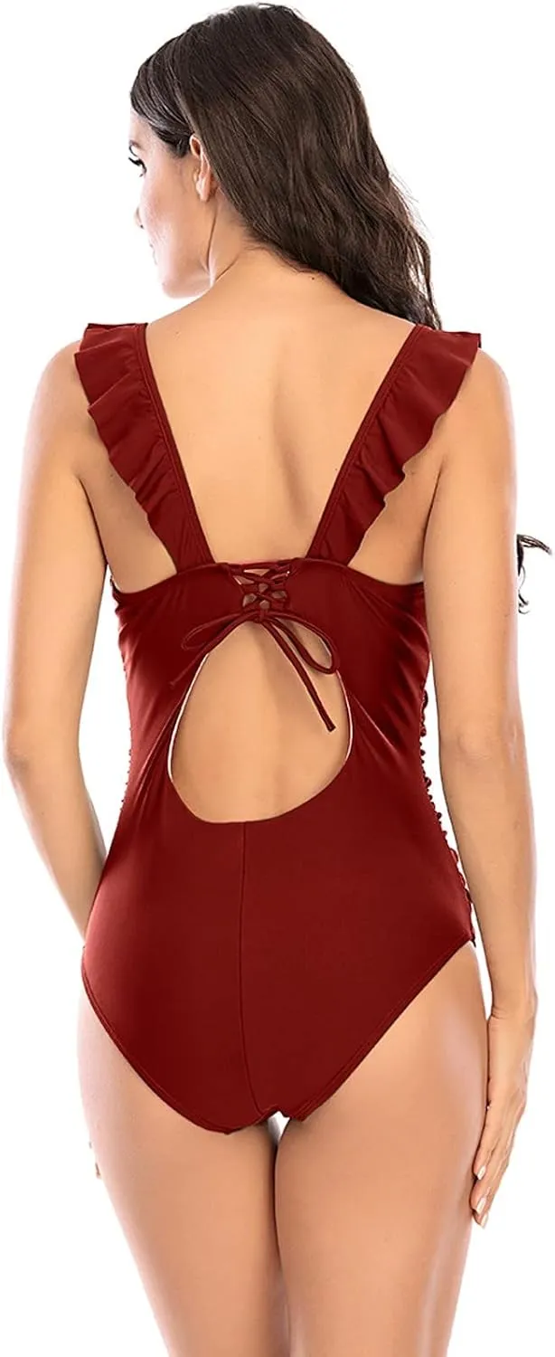 Women's Ruffled One Piece Swimsuit Tummy Control Sexy Deep V Neck Bathing Suit Lace Up Backless Swimwear Beachwear