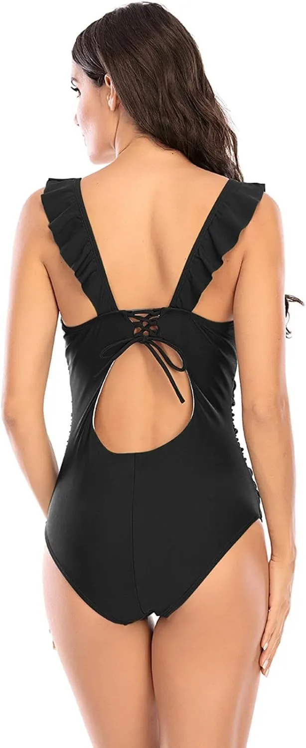 Women's Ruffled One Piece Swimsuit Tummy Control Sexy Deep V Neck Bathing Suit Lace Up Backless Swimwear Beachwear