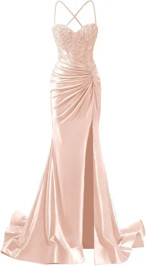 Women's Satin Prom Dresses Long Spaghetti Strap Lace Applique Mermaid Corset Formal Evening Gowns with Slit