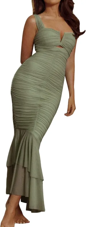 Women's Sexy Backless Dress Sleeveless Strappy Party Evening Ruched Bodycon Mermaid Fishtail Maxi Dress