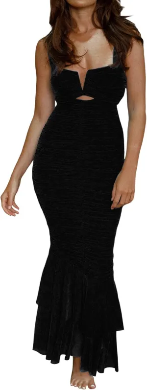 Women's Sexy Backless Dress Sleeveless Strappy Party Evening Ruched Bodycon Mermaid Fishtail Maxi Dress
