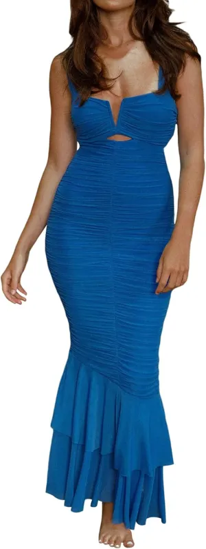 Women's Sexy Backless Dress Sleeveless Strappy Party Evening Ruched Bodycon Mermaid Fishtail Maxi Dress