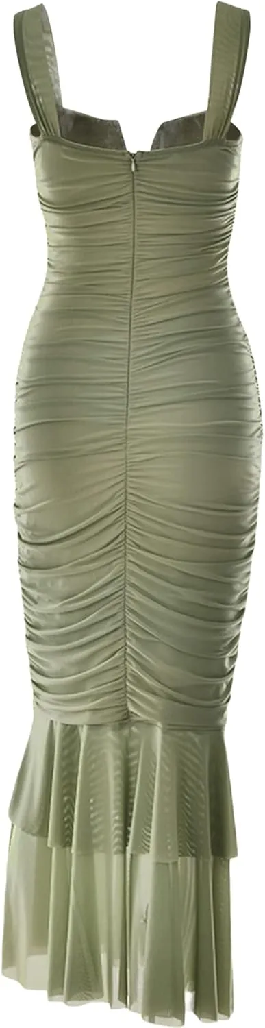 Women's Sexy Backless Dress Sleeveless Strappy Party Evening Ruched Bodycon Mermaid Fishtail Maxi Dress