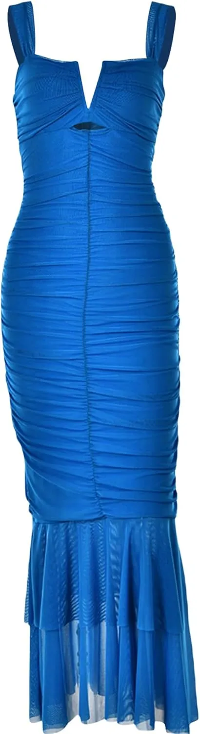 Women's Sexy Backless Dress Sleeveless Strappy Party Evening Ruched Bodycon Mermaid Fishtail Maxi Dress