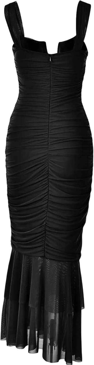 Women's Sexy Backless Dress Sleeveless Strappy Party Evening Ruched Bodycon Mermaid Fishtail Maxi Dress