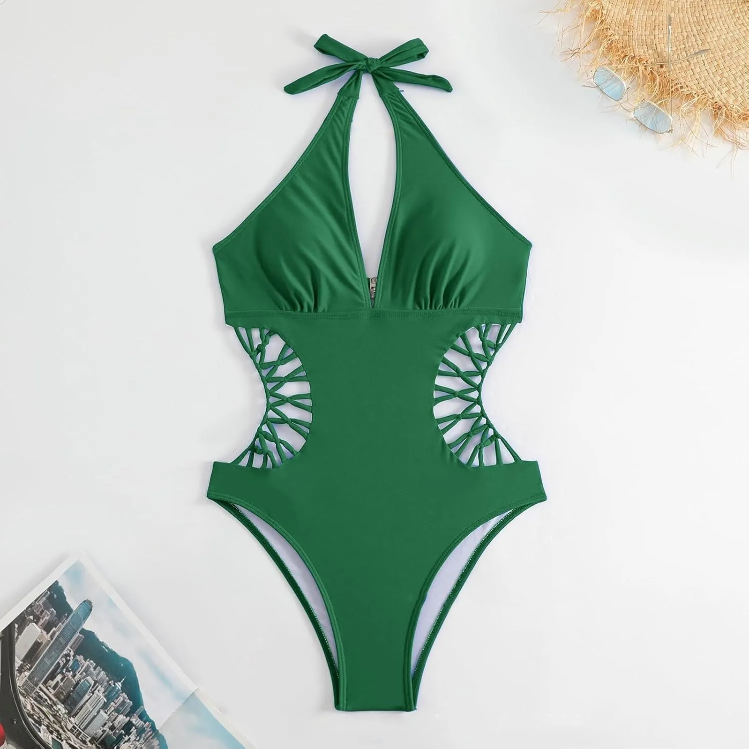 Women's Sexy Cutout One Piece Swimsuits Plunge High V Neck Halter Bathing Suits Cheeky Backless Monokini Swimwear