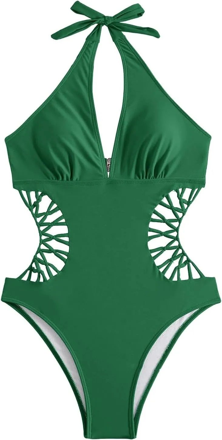 Women's Sexy Cutout One Piece Swimsuits Plunge High V Neck Halter Bathing Suits Cheeky Backless Monokini Swimwear