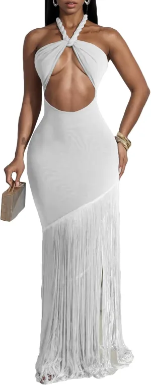 Women's Sexy Halter Backless Maxi Dress Cut Out Sleeveless Bodycon Long Fringes Club Party Cocktail Dresses
