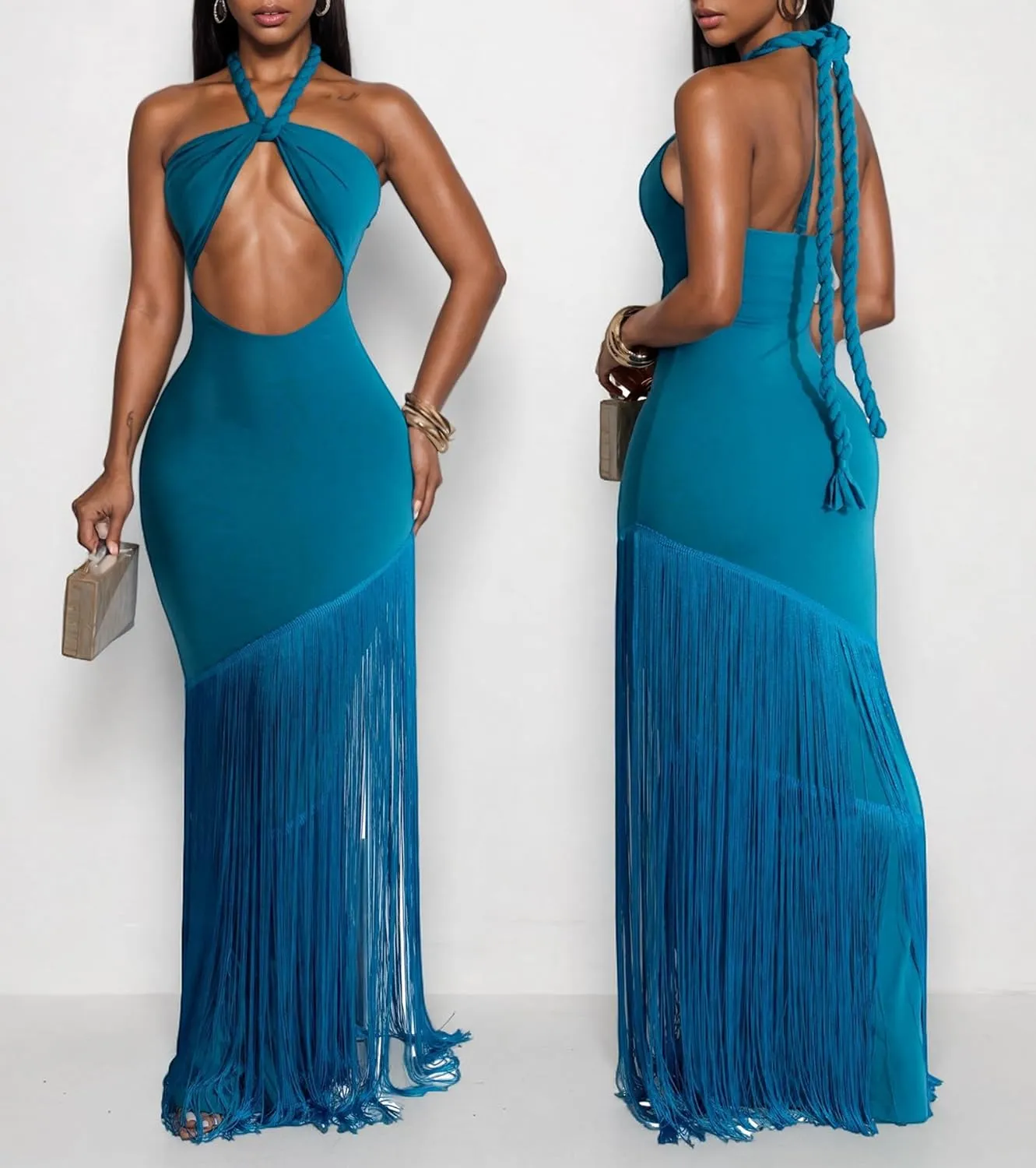 Women's Sexy Halter Backless Maxi Dress Cut Out Sleeveless Bodycon Long Fringes Club Party Cocktail Dresses