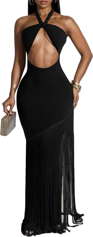 Women's Sexy Halter Backless Maxi Dress Cut Out Sleeveless Bodycon Long Fringes Club Party Cocktail Dresses