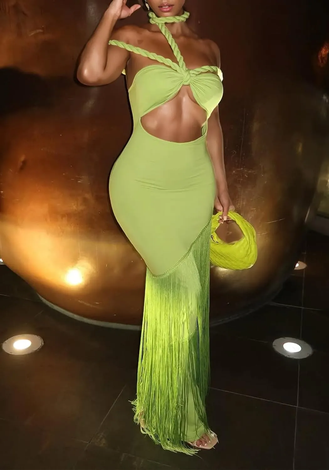 Women's Sexy Halter Backless Maxi Dress Cut Out Sleeveless Bodycon Long Fringes Club Party Cocktail Dresses