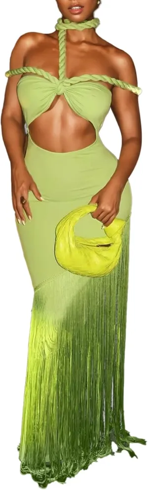 Women's Sexy Halter Backless Maxi Dress Cut Out Sleeveless Bodycon Long Fringes Club Party Cocktail Dresses
