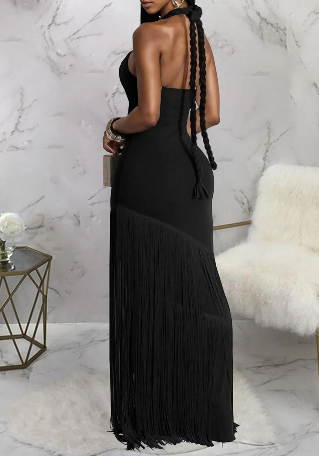 Women's Sexy Halter Backless Maxi Dress Cut Out Sleeveless Bodycon Long Fringes Club Party Cocktail Dresses