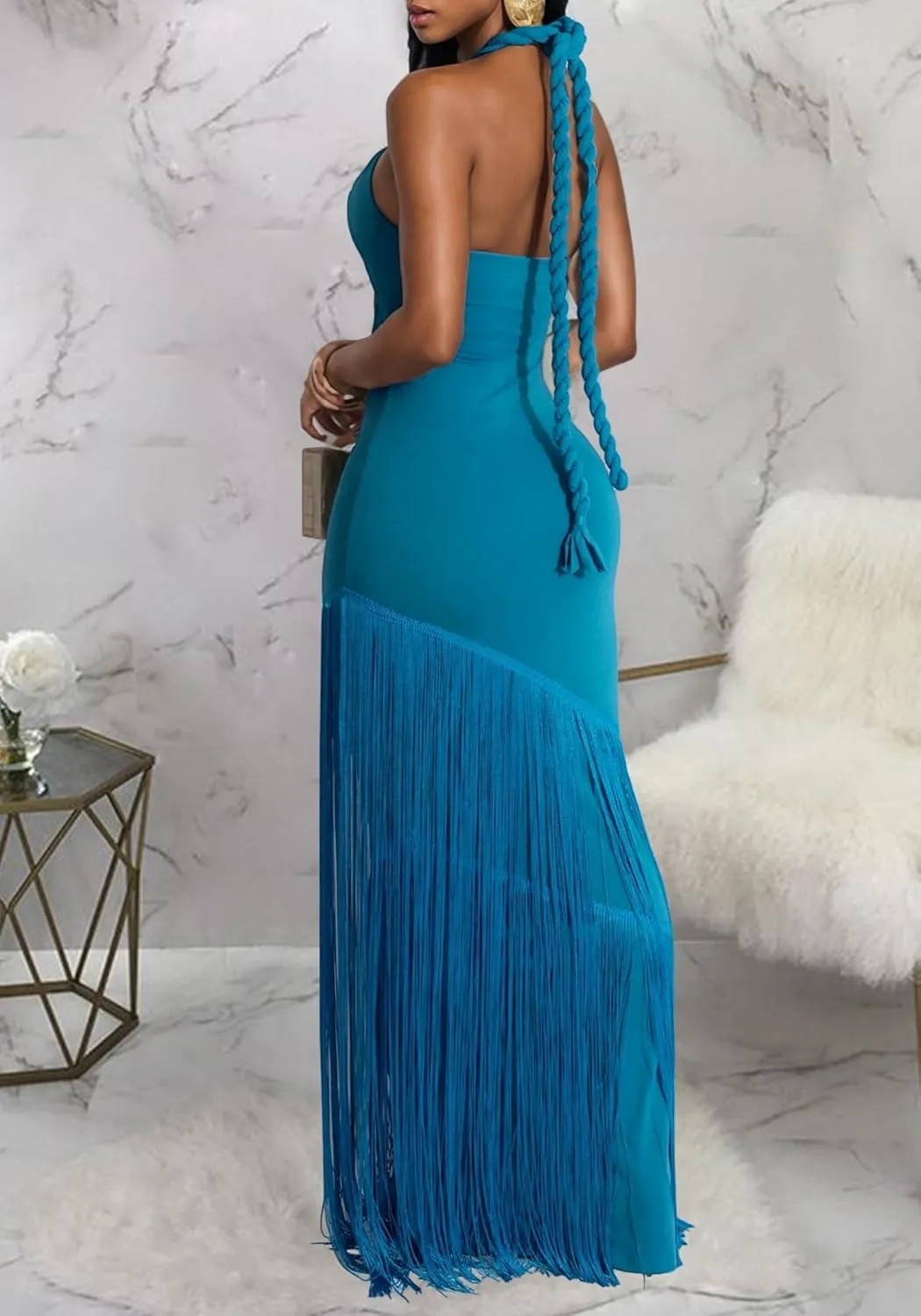 Women's Sexy Halter Backless Maxi Dress Cut Out Sleeveless Bodycon Long Fringes Club Party Cocktail Dresses
