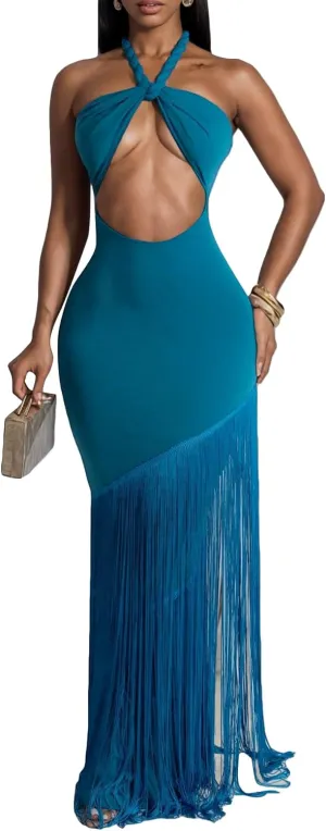 Women's Sexy Halter Backless Maxi Dress Cut Out Sleeveless Bodycon Long Fringes Club Party Cocktail Dresses