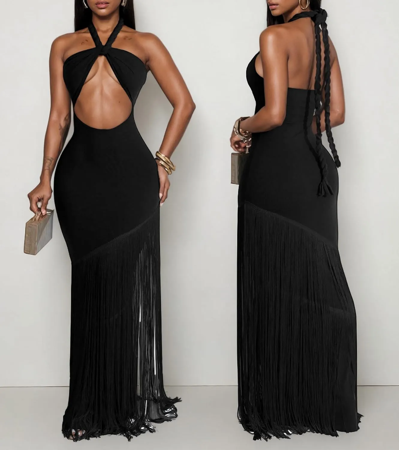 Women's Sexy Halter Backless Maxi Dress Cut Out Sleeveless Bodycon Long Fringes Club Party Cocktail Dresses