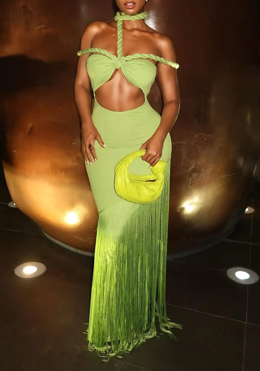 Women's Sexy Halter Backless Maxi Dress Cut Out Sleeveless Bodycon Long Fringes Club Party Cocktail Dresses