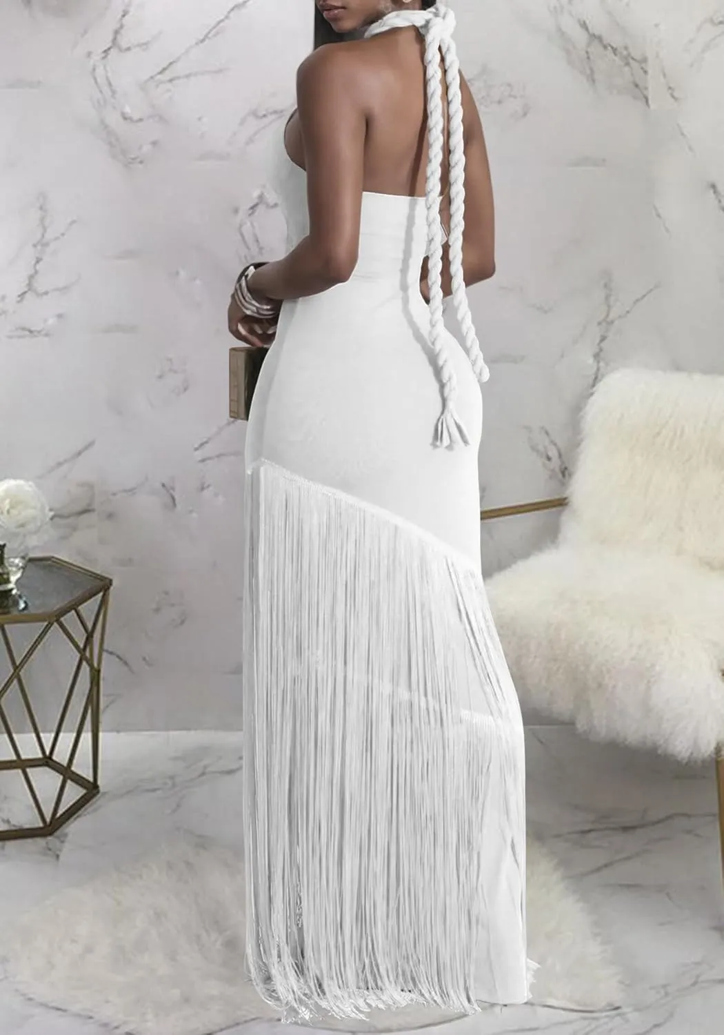 Women's Sexy Halter Backless Maxi Dress Cut Out Sleeveless Bodycon Long Fringes Club Party Cocktail Dresses