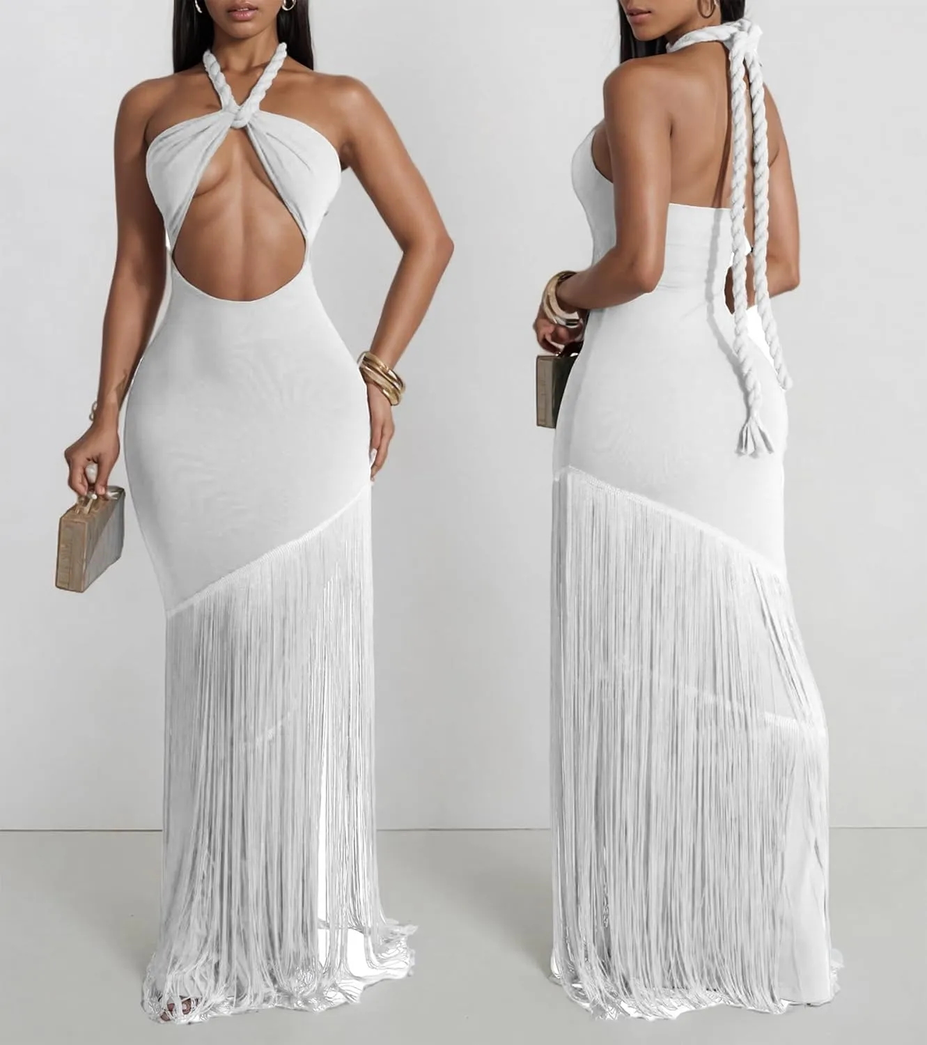 Women's Sexy Halter Backless Maxi Dress Cut Out Sleeveless Bodycon Long Fringes Club Party Cocktail Dresses