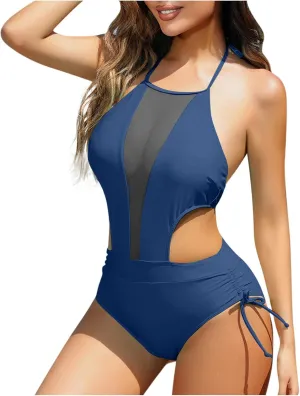 Womens Sexy Halter Swimsuit Hollow Out One Piece Mesh Patchwork Bathing Suit Slimming Tummy Control Cutout Swimwear