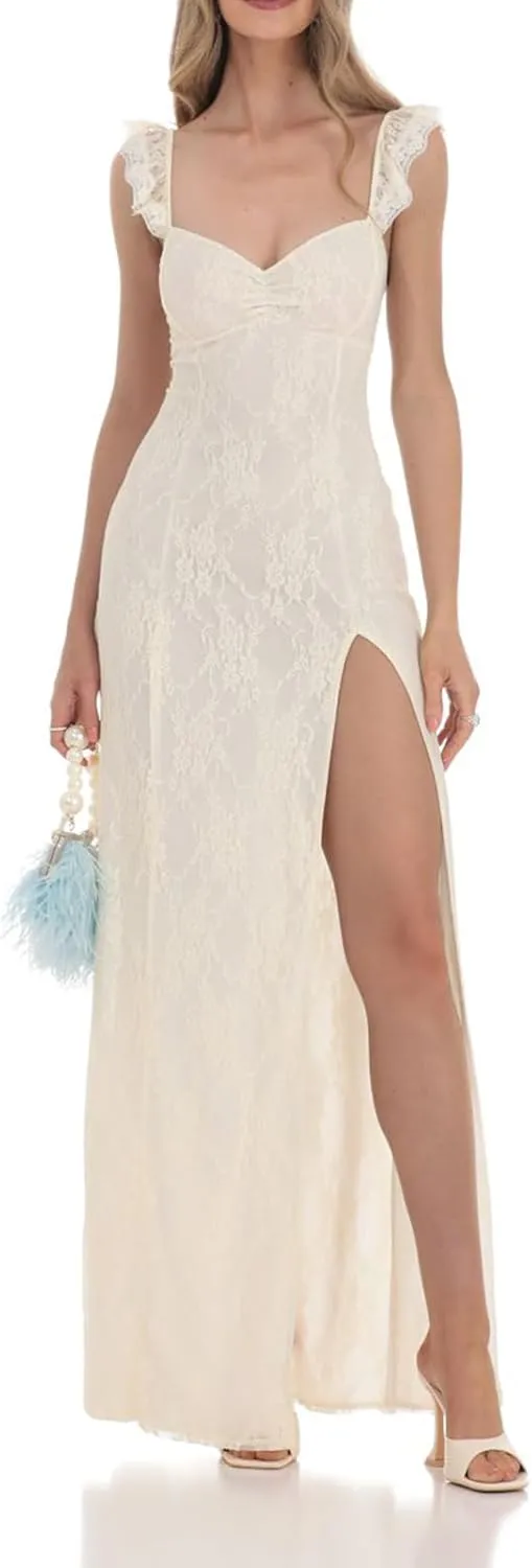 Womens Sexy Low Cut Y2k Bodycon Maxi Dress Ruffled Sleeve Backless High Split Backless Club Party Long Dress